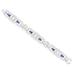 Art Deco platinum milgrain set old cut diamond and calibre cut Burmese sapphire link bracelet, the three principal diamonds each approx 0.50 carat, total diamond weight approx 13.00 - 14.00 carat, stamped Pt, circa 1925, in fitted box by Licht & Morrison, London