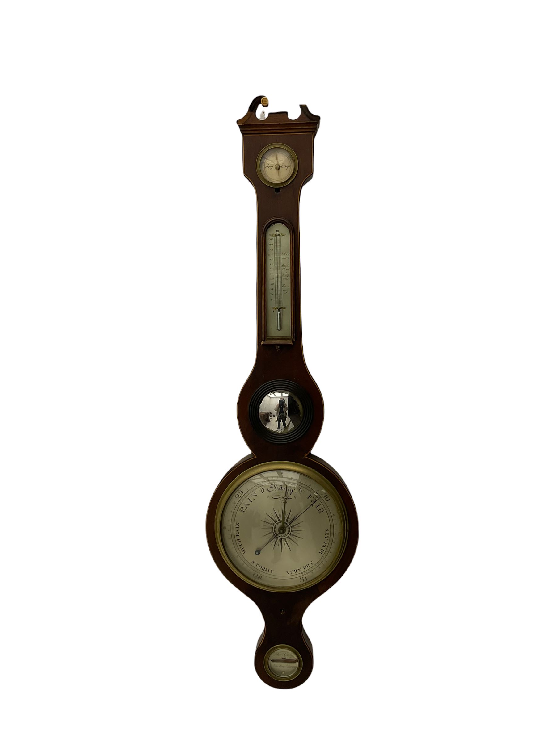 A mid Victorian mercury wheel barometer retailed by Thomas Grey of Newton Stewart, in a mahogany case with inlay to the edge, swans neck pediment and rounded base, with an 8” silvered register recording barometric air pressure from 28 to 31 inches with weather predictions, brass recording hand and steel indicating hand within a convex glass and cast brass bezel, silvered “butlers” mirror with reeded wooden surround and a round topped thermometer box with a mercury thermometer measuring degrees Fahrenheit, level bubble with silvered nameplate. H96cm
.

