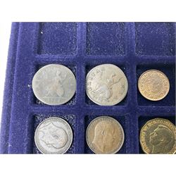 Commemorative, fantasy and other coinage, including George II 1754 farthing, George III 1773 farthing, cartwheel penny and cartwheel two pence, Queen Victoria Canada 1886 twenty five cents, various commemorative crowns etc, housed in three blue coin trays