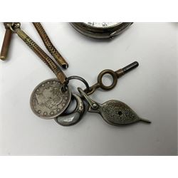 Three Victorian silver lever open face pocket watches including, cream dials with Roman numerals and subsidiary seconds dial, silver cylinder pocket watch and an 8 Jours Hebdomas pocket watch, two silver watch chains and one other chain