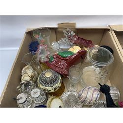 Silver plated items, including religious jar and cover, cruet set, flatware, etc, together with ceramics, glassware, Christmas decorations and other collectables, in four boxes