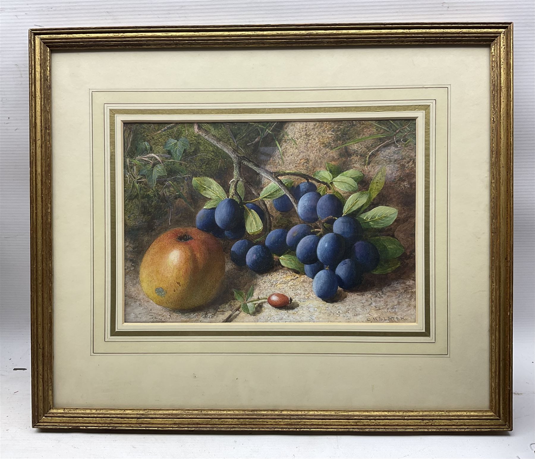 Charles Henry Slater (British 1820-1890): Still Life of Grapes and an Apple, watercolour signed 20cm x 29cm 