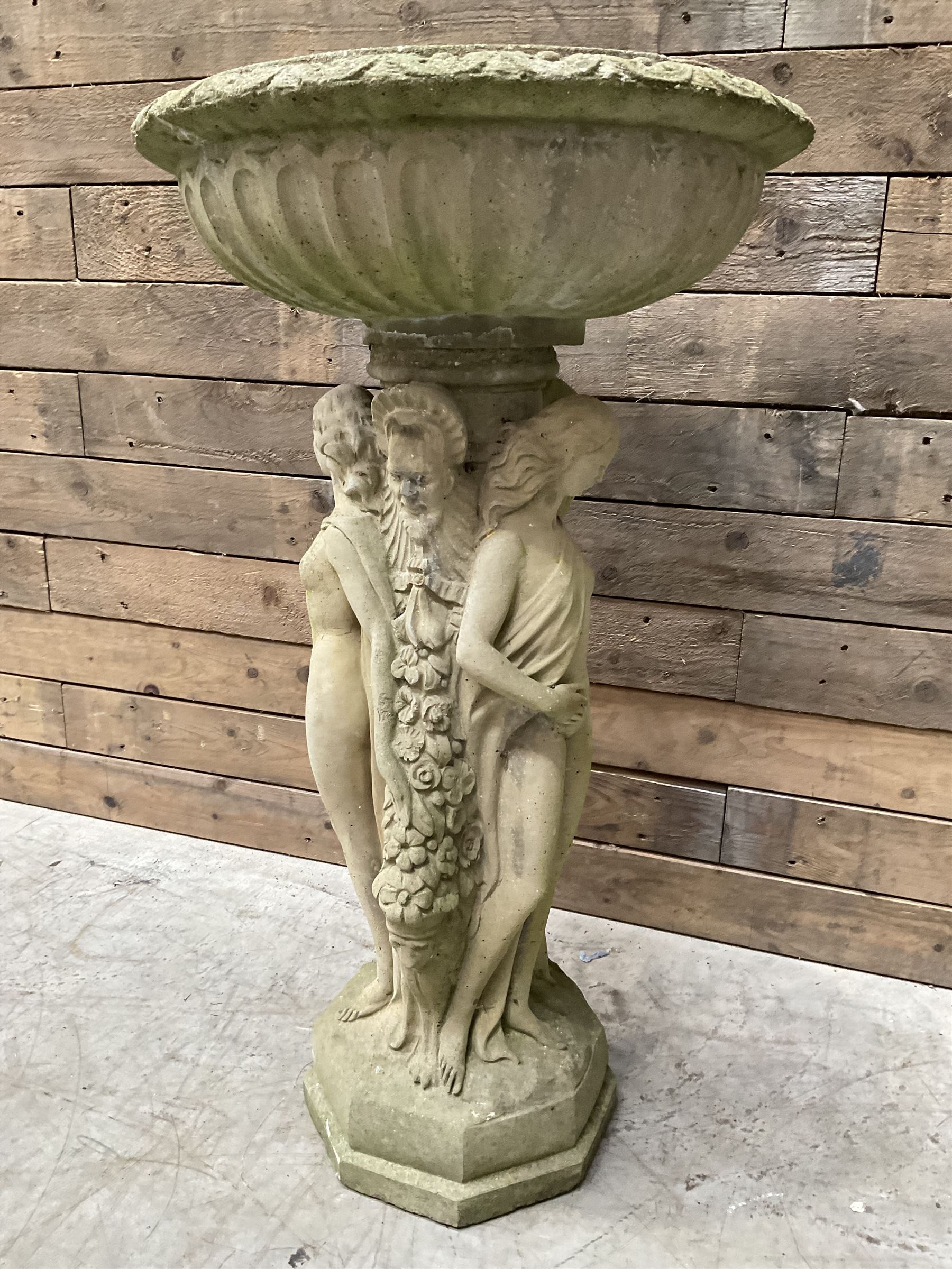 Cast stone bird bath, pedestal in the form of 'The Three Graces'