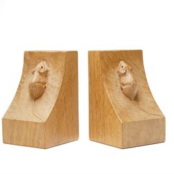 Mouseman - pair of oak bookends, with carved mouse signature, by the workshop of Robert Th...
