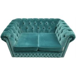 Sofas by Saxon - Chesterfield shape two-seat sofa, upholstered in buttoned aqua blue velvet fabric