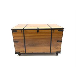 Camphor wood and metal bound blanket box, fitted with hinged lid and carrying handles
