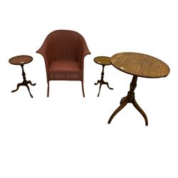 Early Victorian walnut stool with needlework top, pink wicker armchair, oak tripod table, two wine tables, oak mirror and a small carved piney stool (5)