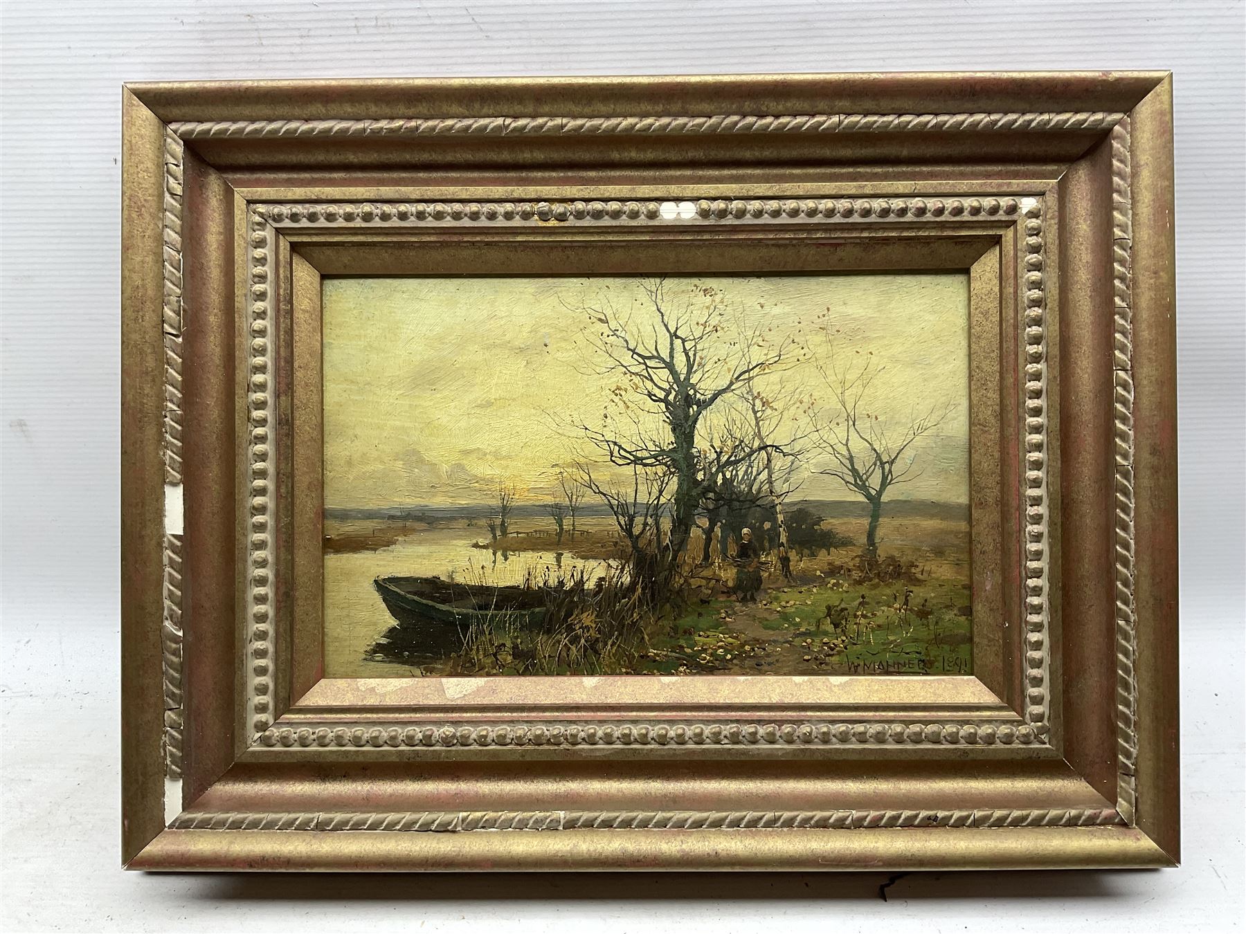 William Manners (British 1860-1930): Collecting Sticks by the Riverside, oil on board signed and dated 1891, 19cm x 30cm 