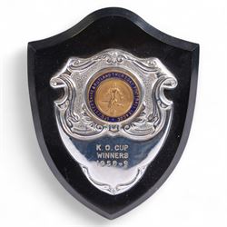 Six 1950s Leicester & Rutland Football League and Challenge Cup  silver plated trophy cups and plaques, from the estate of former Leicester City player Colin Appleton, largest H18cm