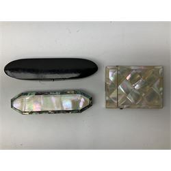 19th century mother of pearl card case, of rectangular form with lozenge design, H10.5cm, together with a mother of pearl and abalone spectacles case with canted corners, L15cm, and a Victorian  papier-mâché spectacles case of oblong form, L17cm, (3)  