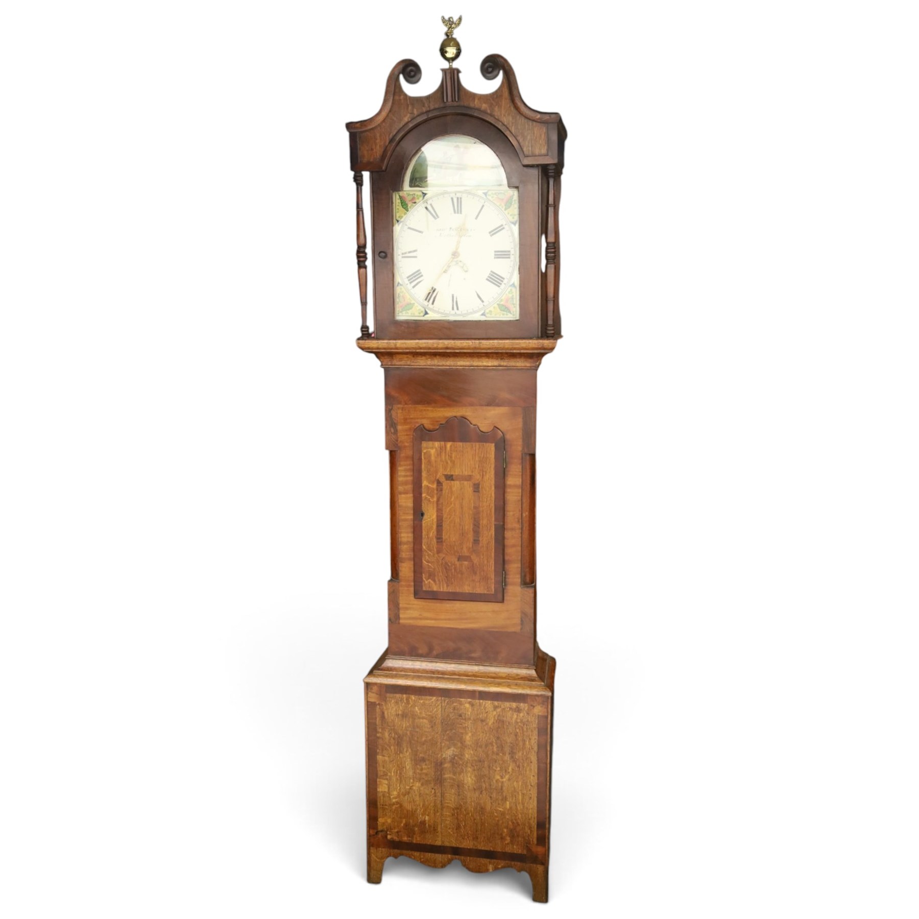 George Tesseyman of Northallerton - 19th century oak and mahogany 30 hour longcase clock, Hoho-bird on sphere finial with broken swan-neck pediment, dial painted with hunting scene, over a mahogany-banded oak case