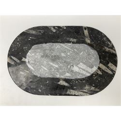 Large oblong platter, together with a matching smaller platter, both with Orthoceras and Goniatite inclusions, age: Devonian period, location: Morocco, larger platter L46cm, D29cm 