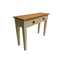 White and oak two drawer lamp chest and upholstered stool 