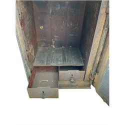Early 19th century cast iron safe strong box, with key, two internal drawers