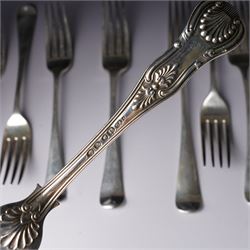 Pair of George IV silver fiddle, thread and shell pattern table forks Lonson 1826 and ten other 19th century silver table forks, various dates and makers (12)