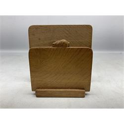 'Rabbitman' oak letter rack of two graduated square panels on a slab base, with carved with rabbit signature, by Peter Heap of Wetwang, H12cm