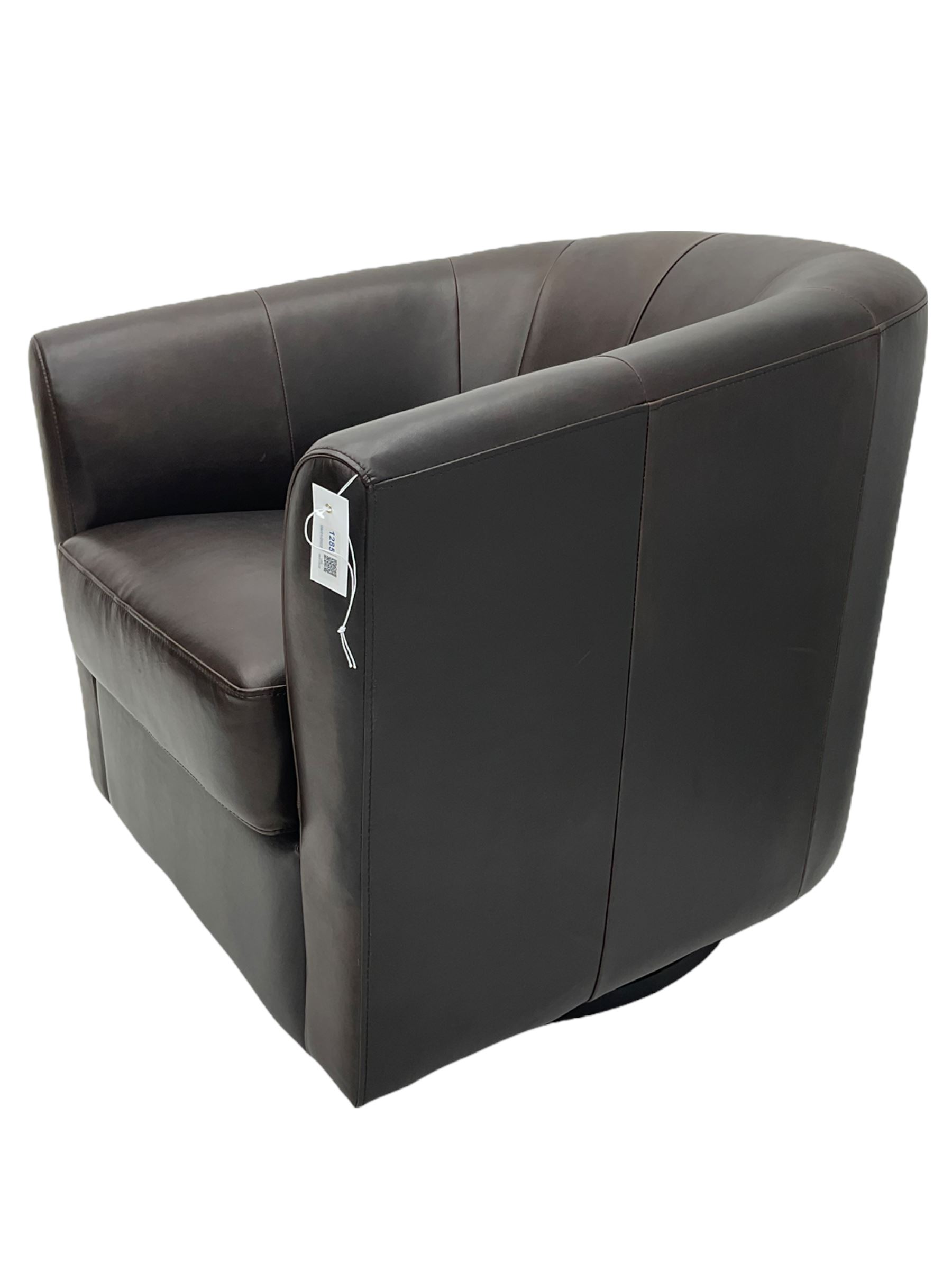 Laura Ashley - tub shaped swivel armchair, upholstered in dark brown leather 