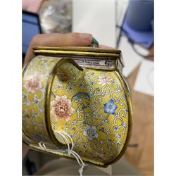 Chinese Qianlong enamel bombé shaped teapot, decorated with scenes of scholars examining a scroll and drinking on a yellow ground with various traditional floral and foliate motifs, the painted scene framed within trailing blue vine border, with Qianlong marks to base L15cm