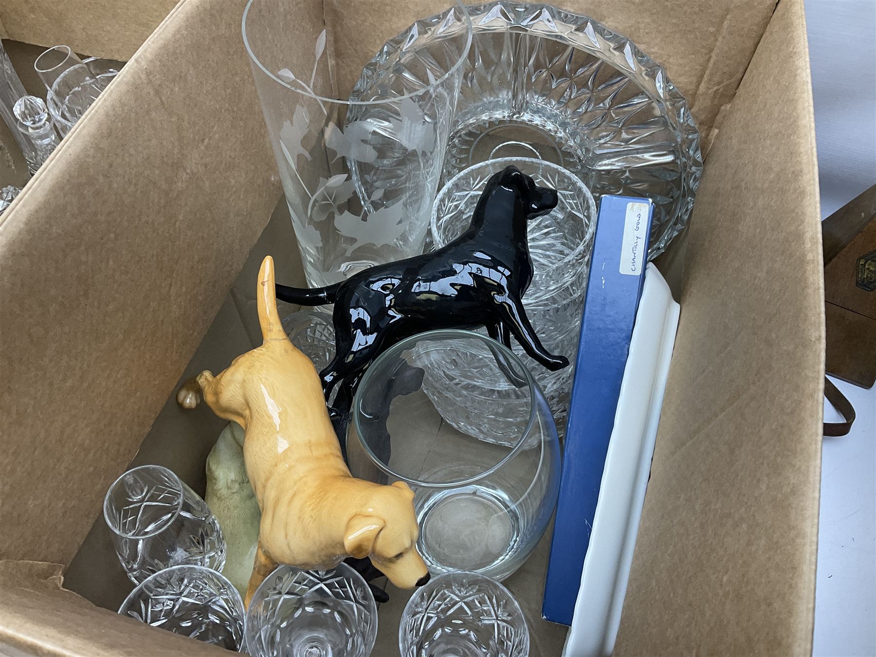 Royal Worcester Gold Chantilly pattern dish, Royal Doulton Naples pattern teapot, Beswick dogs (a/f), other ceramics and glassware to include Royal Doulton etc, die-cast to include Corgi etc, together with a quantity of cds, in five boxes