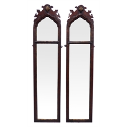  Pair 19th century Queen Anne style walnut pier mirrors, the shaped fretwork cresting with gilt shell carving, two mirrored sections in moulded surround with carved gilt slip, H89cm x W21cm (2)  