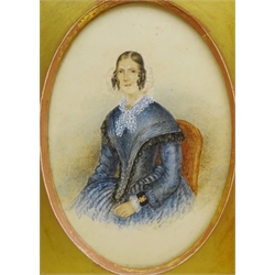  English School (19th century): Portrait of a Seated Victorian Lady, oval watercolour indistinctly signed 24cm x 16cm  