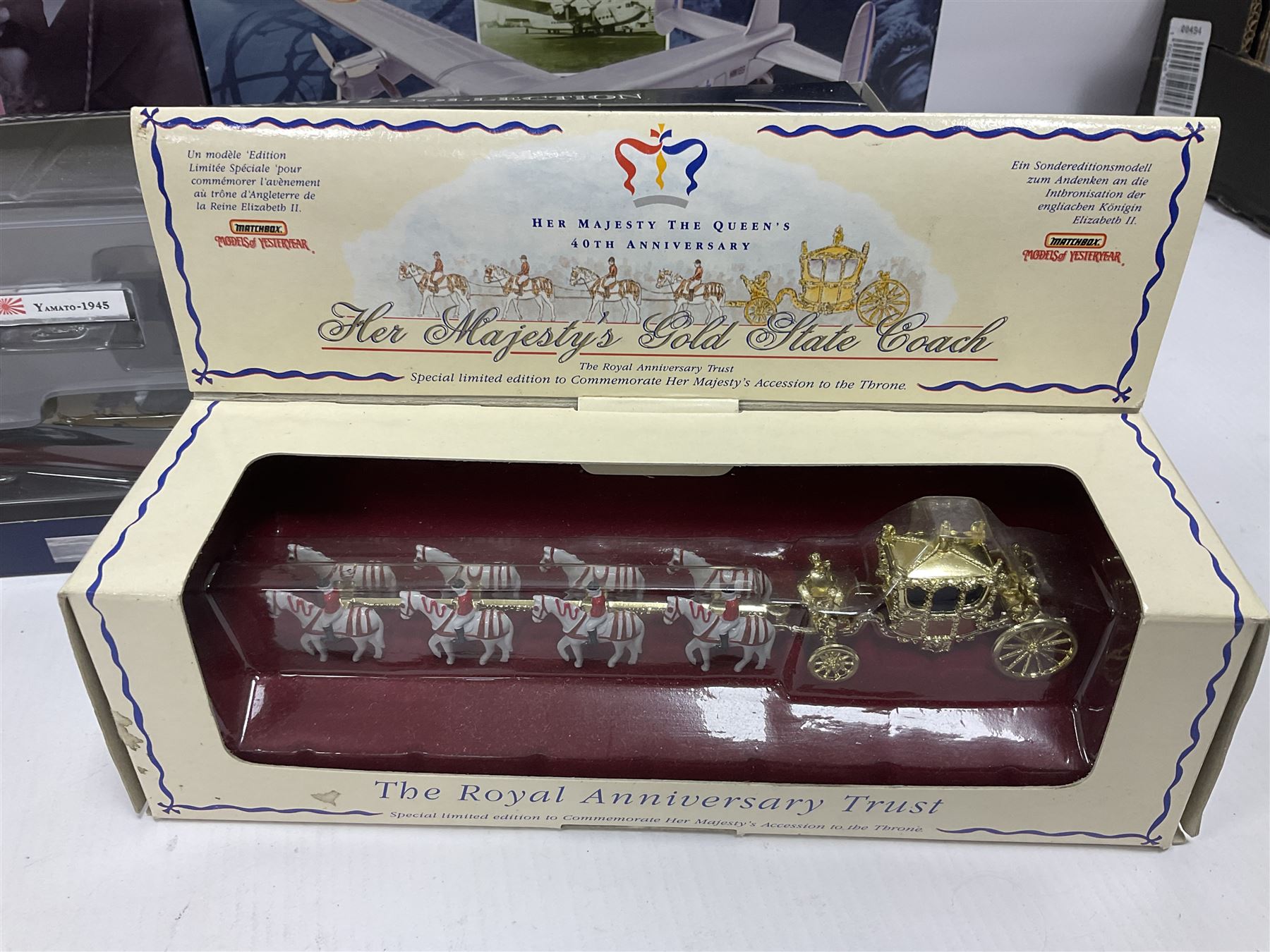 Eleven die-cast models from various makers to include Dinky 955 Fire Engine, missing ladder, boxed; Matchbox YY66 Her Majesty’s Gold State Coach; Corgi - CC18102 Scania R Series Toplone Fridge no.3474/3710; and further vehicles and aeroplanes to include Aviation Archive and Editions Atlas (11) 