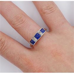 Art Deco 18ct gold milgrain set three stone French cut sapphire and four stone old cut diamond ring by R. Bros, stamped, total sapphire weight approx 1.00 carat