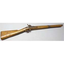  19th century French carbine converted to percussion cap with walnut stock, 54cm barrel, plain lock inscribed Mri.Rlc. de Oulle, numerous other impressed proof marks and numbers, 93cm overall  