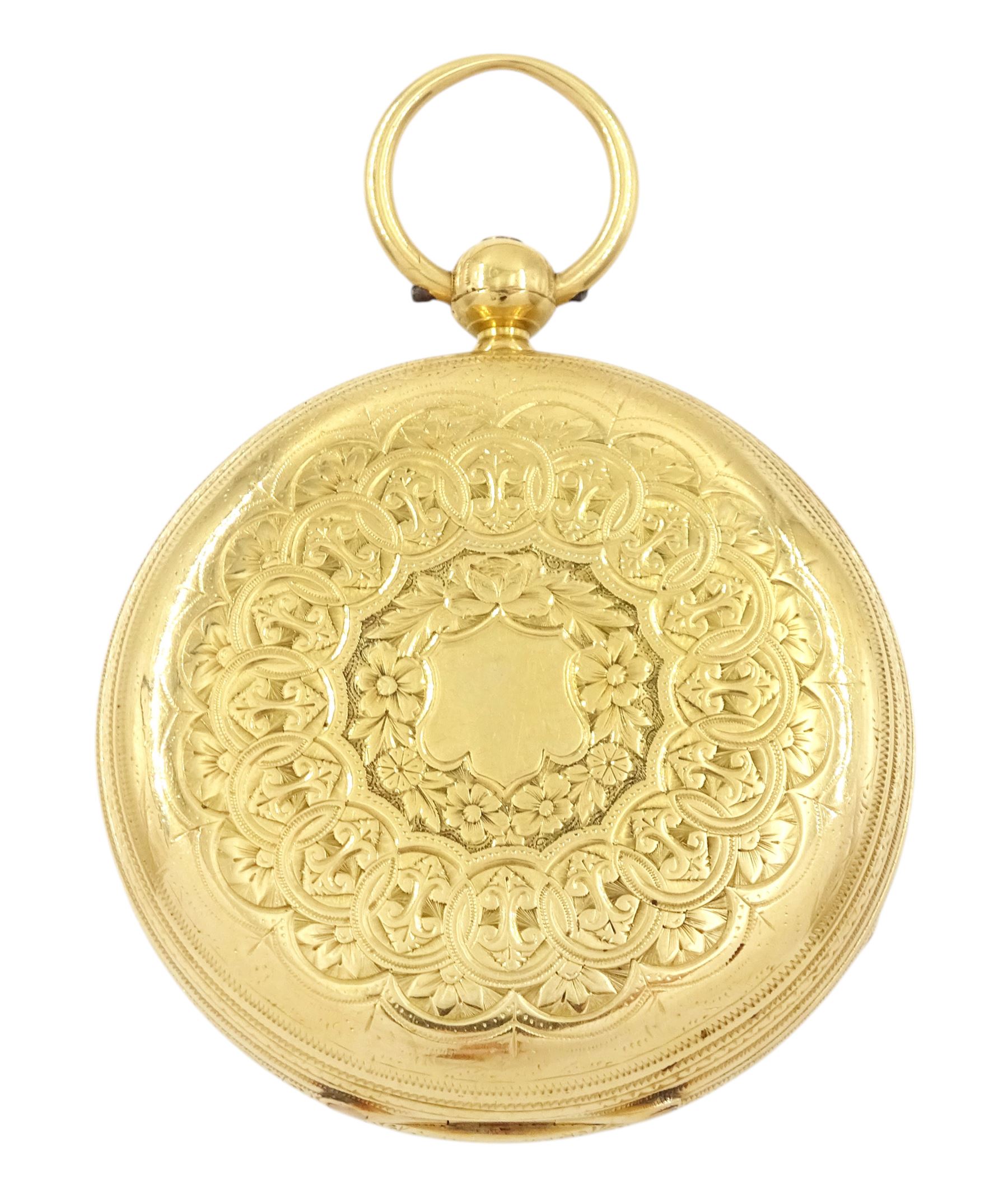 Victorian 18ct gold open face fusee lever pocket watch, No. 27704, gilt  dial with Roman numeral hour markers and subsidiary seconds dial, case by Wickes & Trahern, Chester 1887