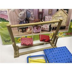 1980s Epoch Sylvanian Families - Country Kitchen Utensil Set and Playpen with Mobile; both boxed; together with assorted loose furniture, playground equipment, grocery shop stock etc; Penny's Pony Club Set in folding stable box; and boxed Bouncin' Babies Nursey Playset
