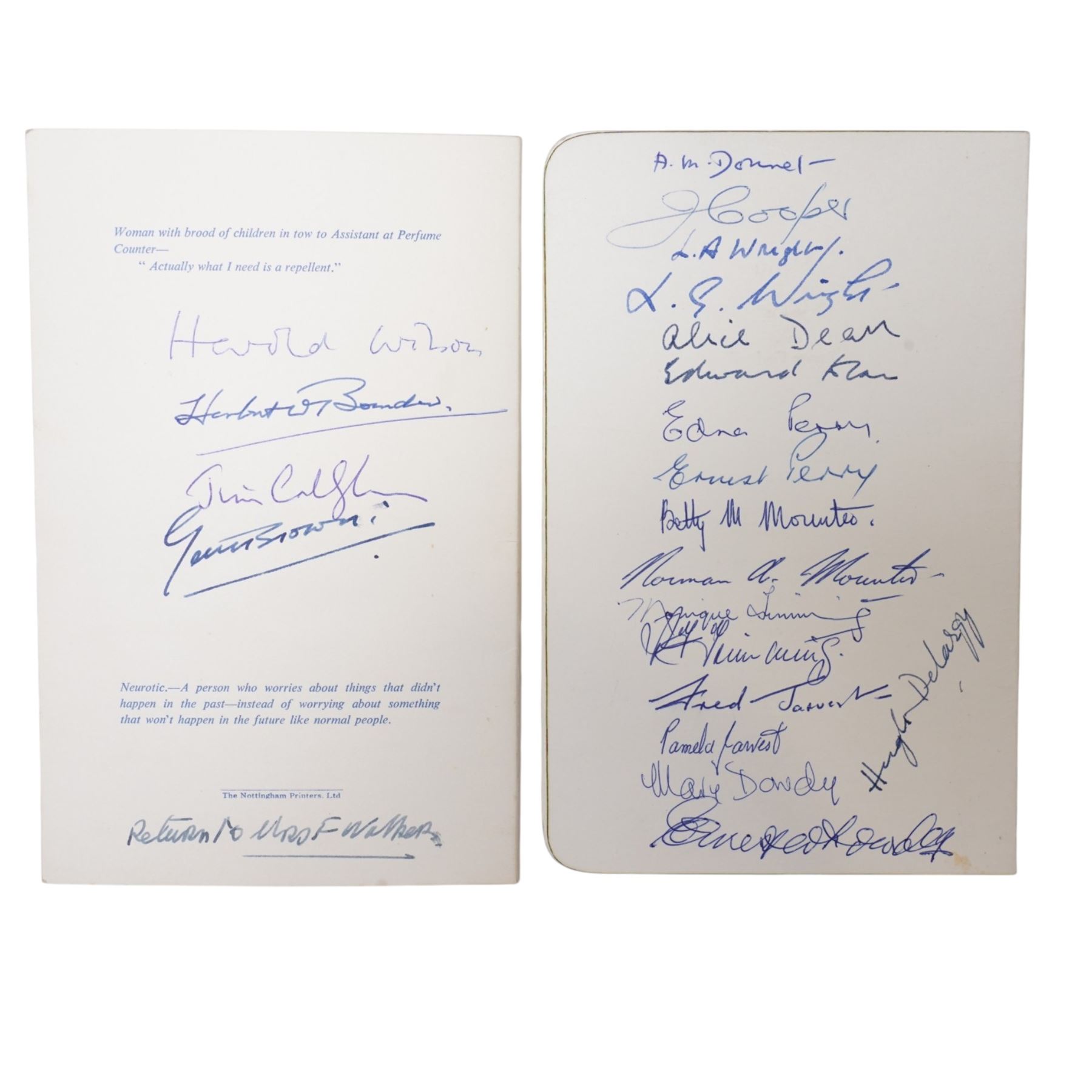 Two autograph books including sporting, entertainment and other autographs including Ricky Tomlinson, Steve Cram, Terence Stamp, members of Groove Armada, Geoffrey Boycott, JLS, Jimmy Carr etc over 120 signatures collected by G4 Security at Jersey Airport 2010-2012 and four menus with signatures of Harold Wilson, Jim Callaghan and other Labour Party politicians etc