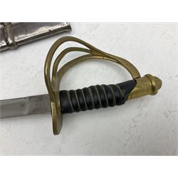 Reproduction American Civil War Cavalry trooper's sword, the 88cm slightly curving fullered steel blade marked to the ricasso 'Ames & Co Chicopee Mass.' and 'US ADK 1862'; brass hilt and leather covered grip; in steel scabbard L110cm overall;  and another reproduction sword (2)