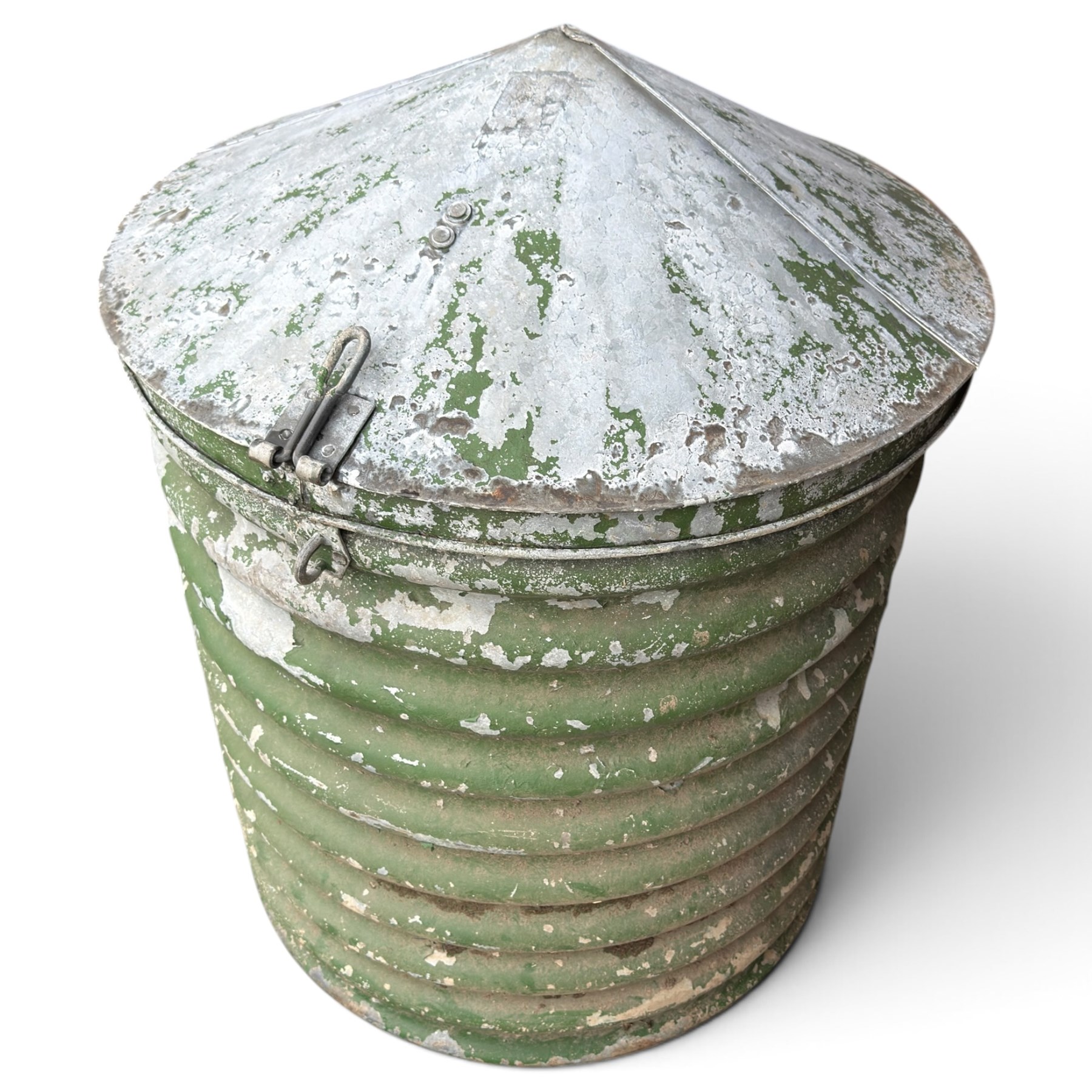 Galvanised storage drum with cover, of ribbed design in rustic green-painted finish