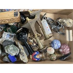 Collection of specimens including Lapis Lazuli, Tigers Eye, Actinolite etc, together with glass vases, books and other collectables 