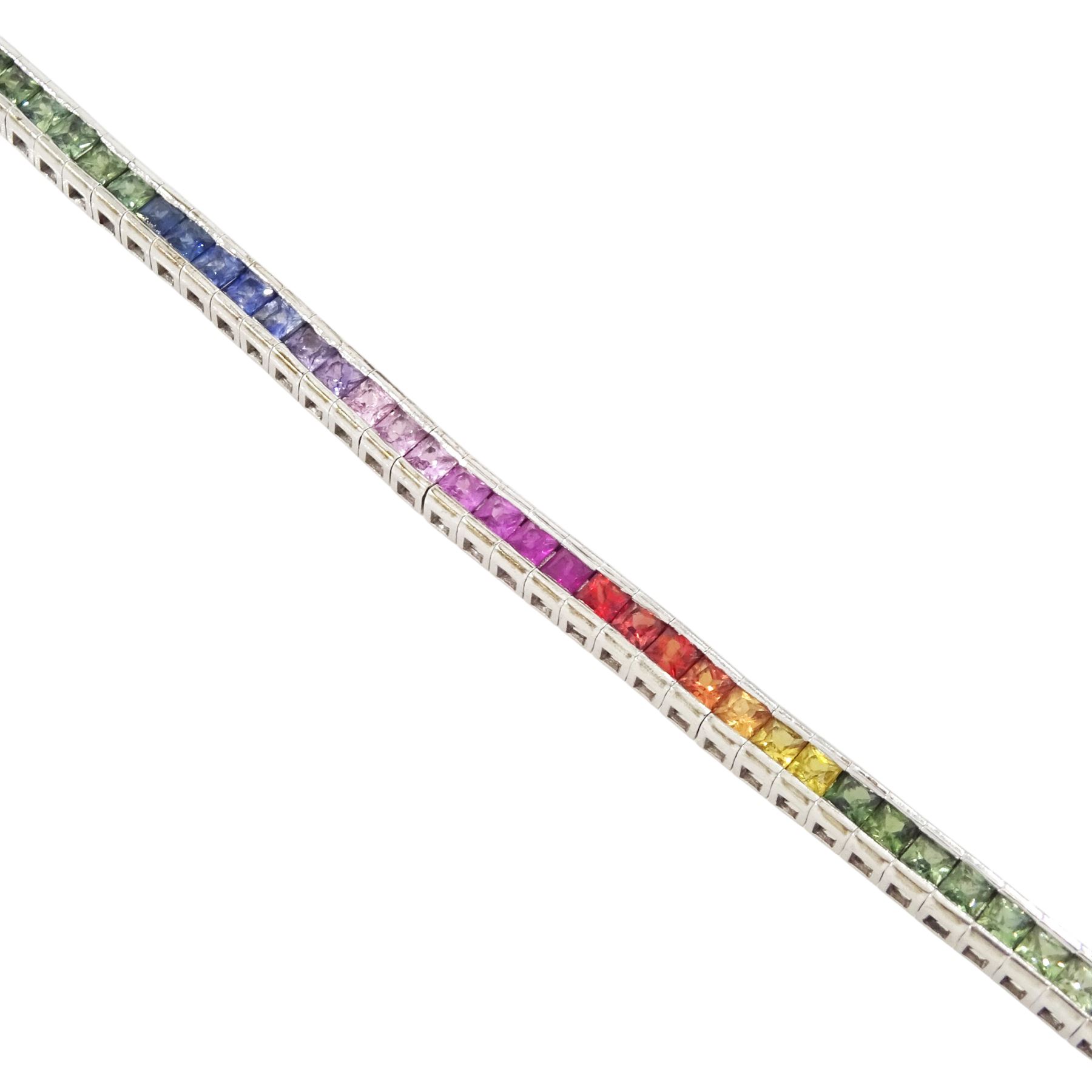 9ct white gold rainbow sapphire bracelet, channel set with eighty-five square cut fancy coloured sapphires, hallmarked, total sapphire weight approx 4.85 carat