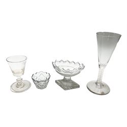 18th century drinking glass, the drawn funnel bowl upon a double series opaque twist stem and conical foot, H17cm, together with an 18th century dram glass, the bucket bowl crudely engraved with heraldic style shield, upon a knoped stem and folded circular foot, H9.5cm, and two open salts, one of navette form