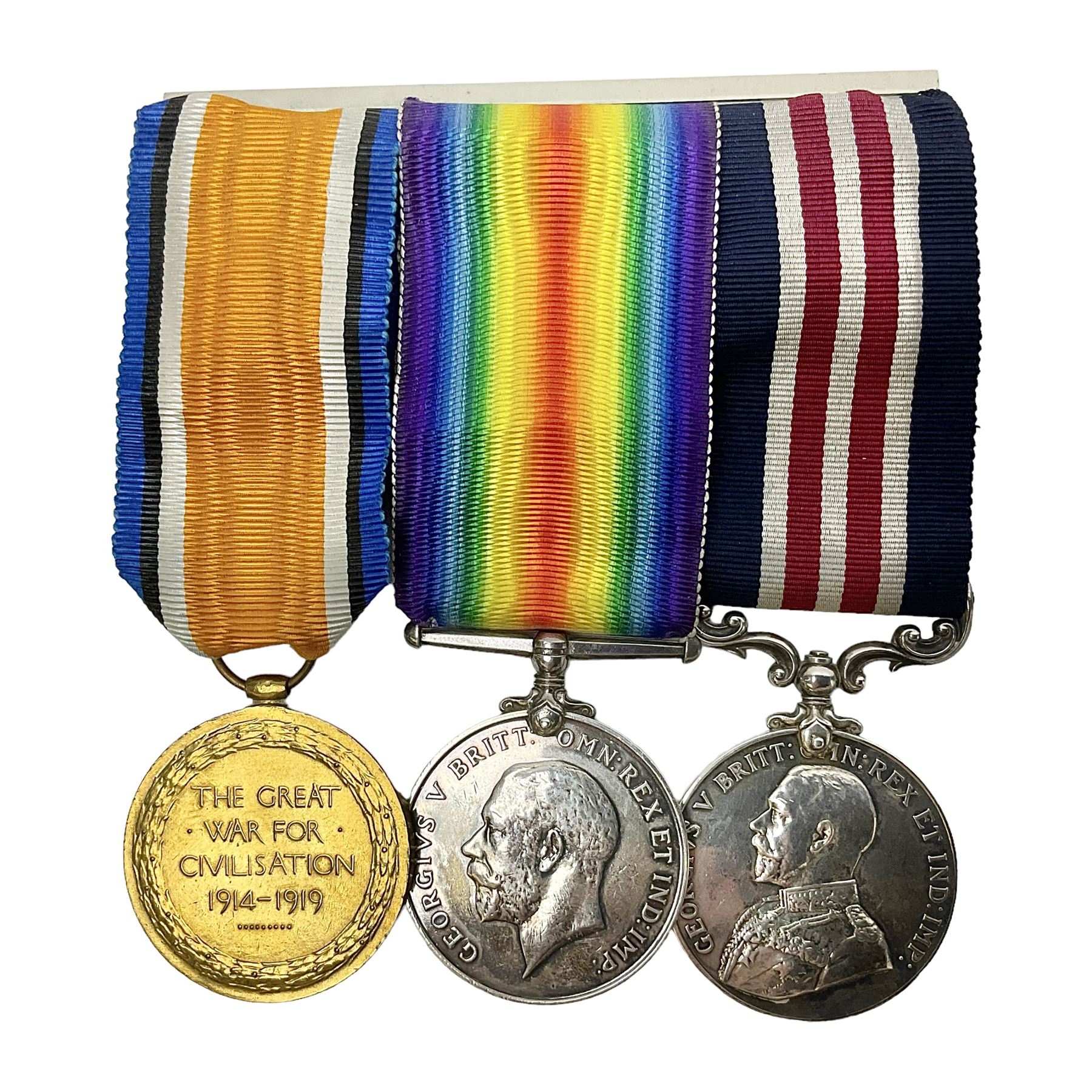 WW1 Military Medal group of three comprising MM, British War Medal and Victory Medal awarded to 44772 Pte. T. Clamp 5/York: & Lanc: R.; all with ribbons on hanging bar