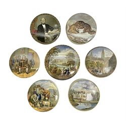 Seven 19th century Prattware pot lids with associated bases, including 'The Snow Drift', 'Strathfieldsaye The Seat of the Duke of Wellington', 'The Late Prince Consort', 'French Street Scene', Lend a Bite', 'Dr Johnson' and 'Sandringham the Seat of HRH The Prince of Wales', largest D12cm (7)