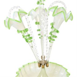 Victorian vaseline glass three basket epergne, H55cm