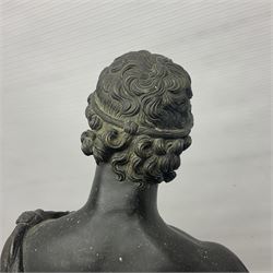 Bronzed classical nude male figure, upon a stepped circular base, H61cm 