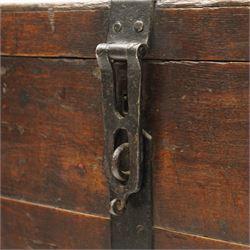 Early 19th century oak and wrought metal bound plate chest, the hinged lid with an engraved brass plaque inscribed Col H Saunderson No.2, enclosing a vacant interior, with metal carrying handles to the sides and pivoting clasp