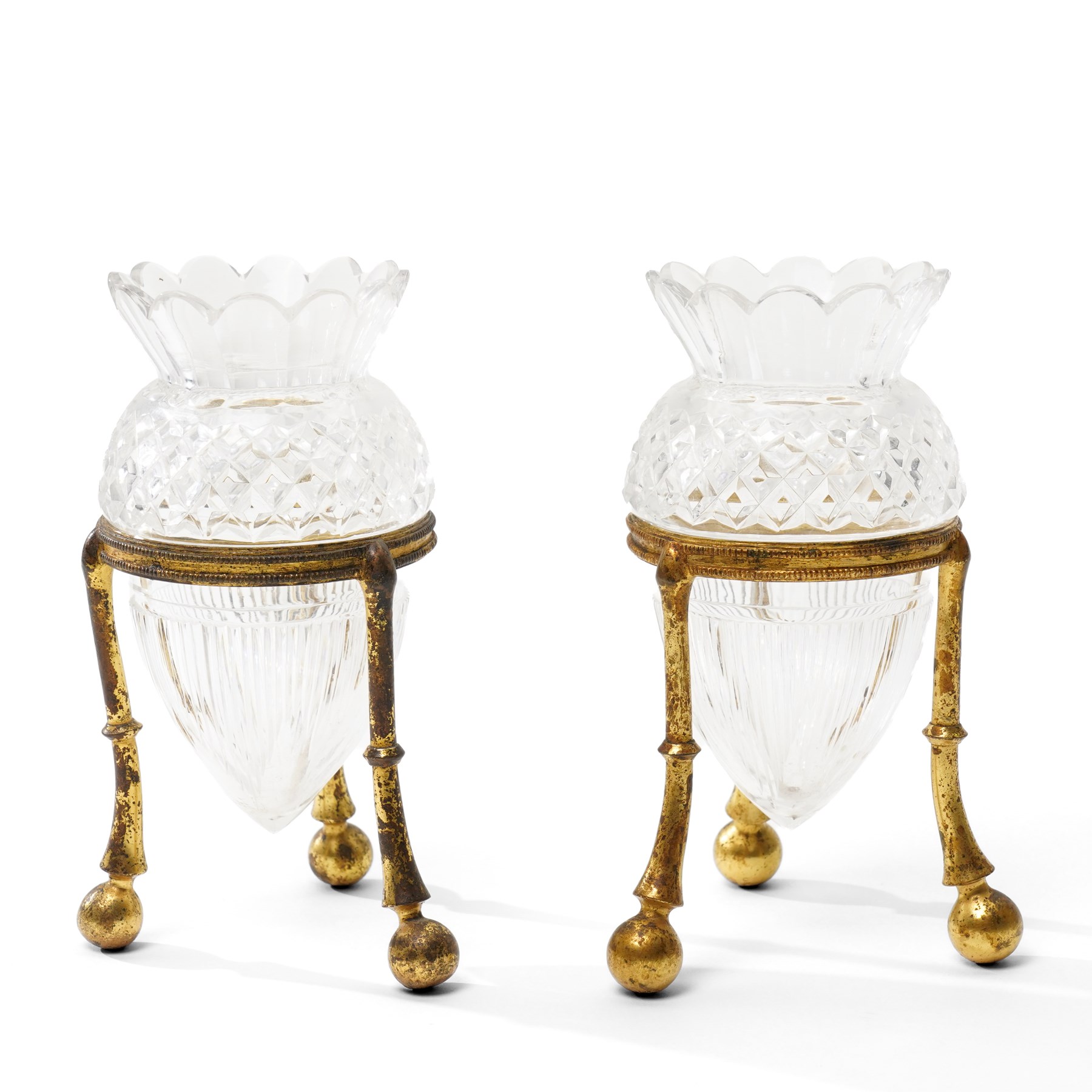 19th century F & C Osler trio, the cut-glass bud vases upon stylised gilt bronze mounts, stamped Osler to feet, tallest H15cm 
Notes: F & C Osler famously supplied the crystal fountain for the Great Exhibition of 1851.