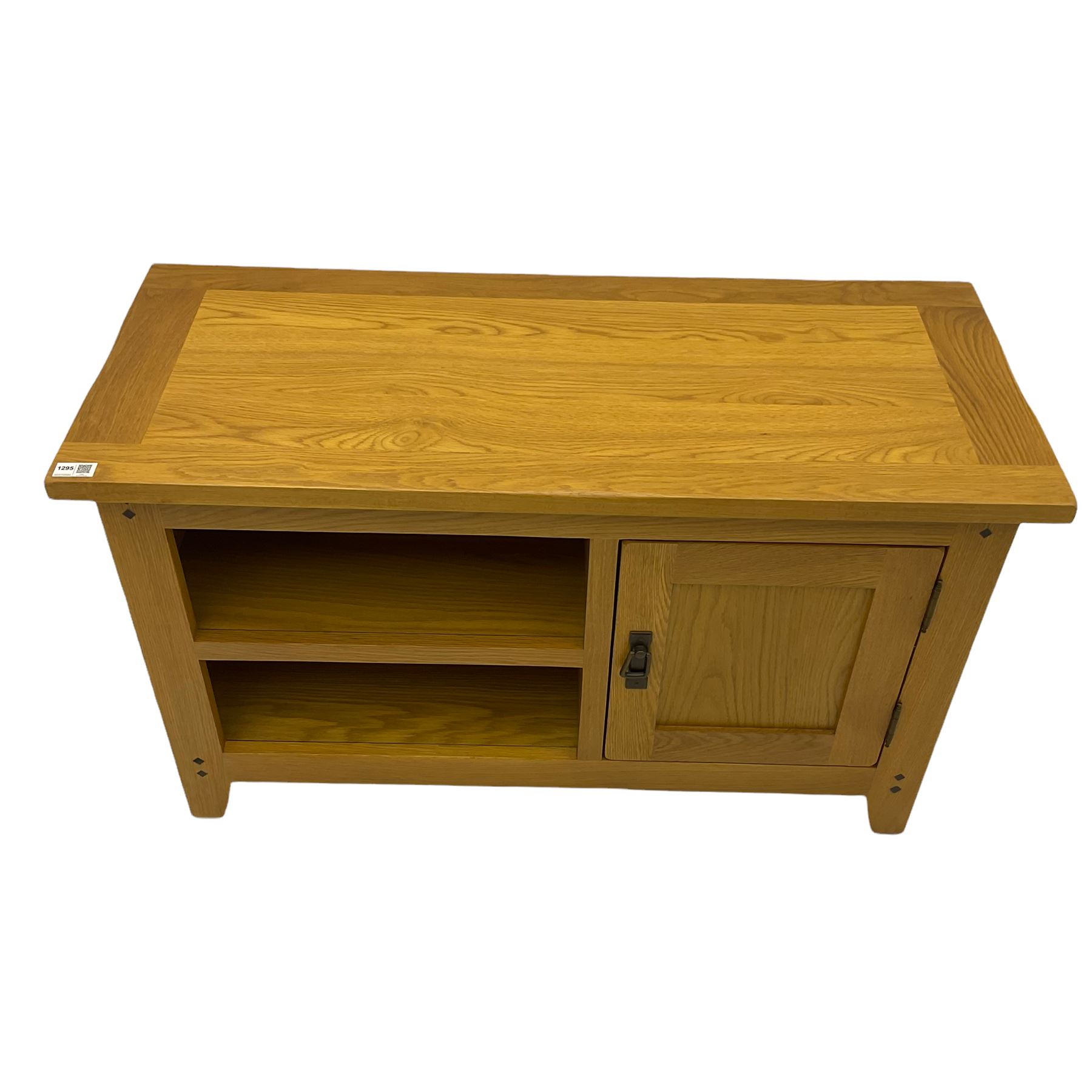 Solid light oak television stand, fitted with shelf and cupboard The