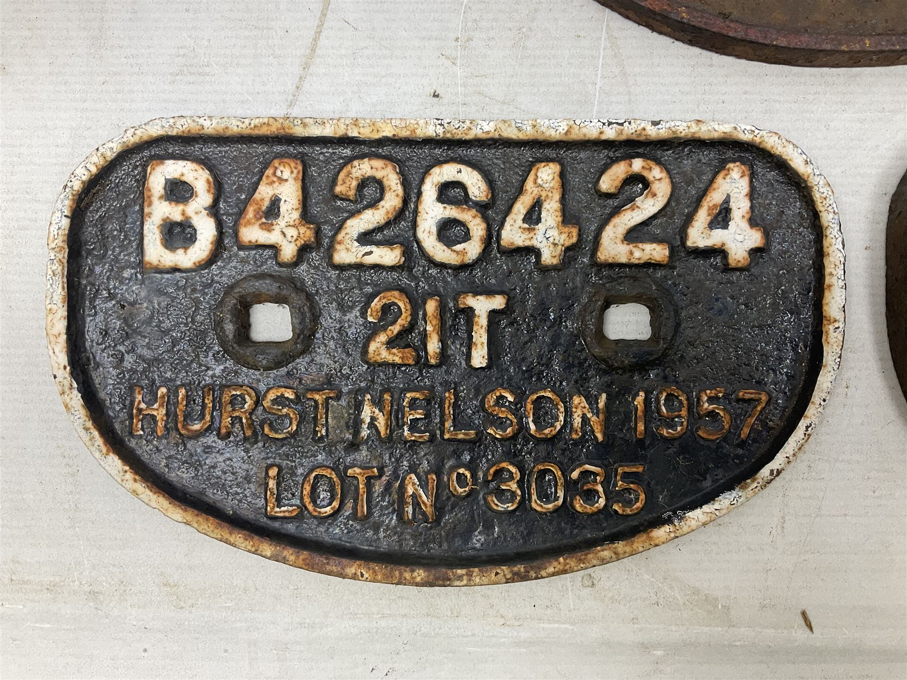 'LNER, 21 tons, 1947, Darlington, 302871' cast iron sign, together with BR D type Wagon plate, 'B426424 Hurst Nelson 1957 Lot No 3035' and another cast iron plaque