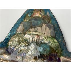 Henry George Murphy (1884-1939), Arts & Crafts enamel panel, of stylised form decorated with a stylised temple on a hill, upon a blue toned ground, H13cm W15cm