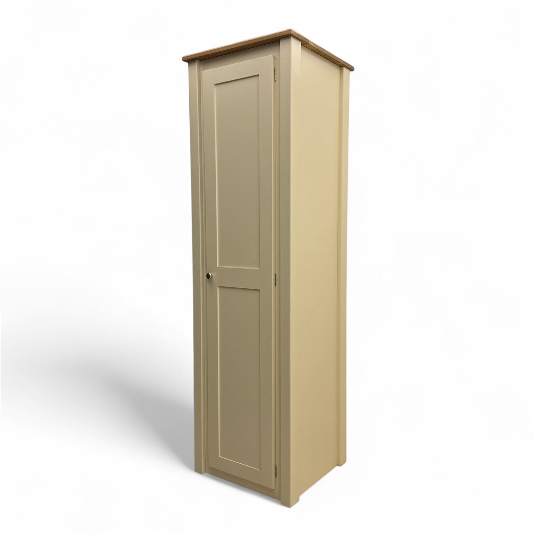 Contemporary painted pine single wardrobe, rectangular oak top over a single panelled door with round metal knob handle, enclosing part boarded interior with hanging rail and two fixed shelves