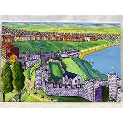Tom Rayner (Scarborough 1948-2023): Scarborough North Bay from the Castle, acrylic on canvas signed 61cm x 91cm (unframed)