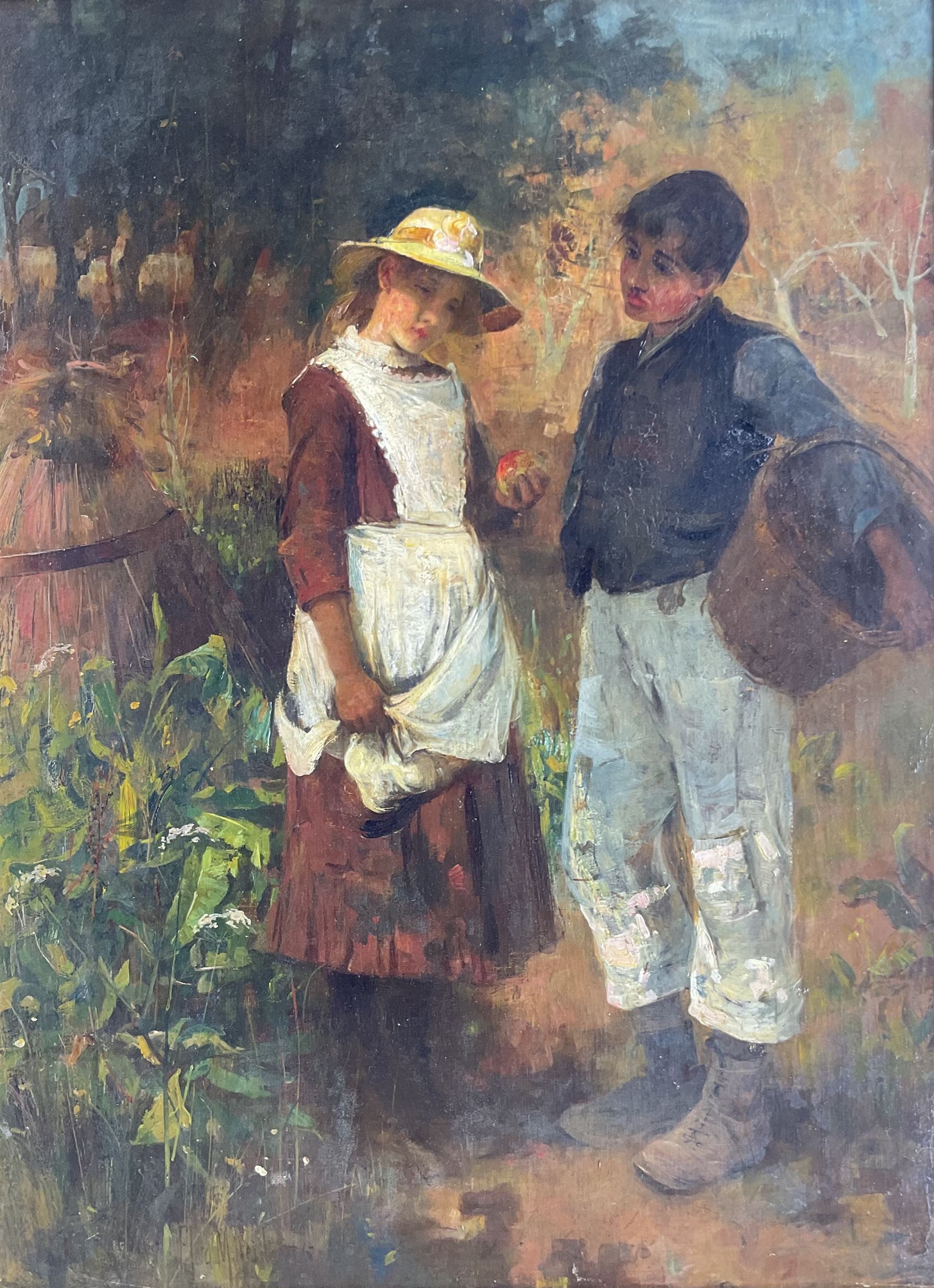 Flora MacDonald Reid (Scottish 1861-1938): 'Love's Young Dream', oil on canvas signed, original title label verso 60cm x 44cm