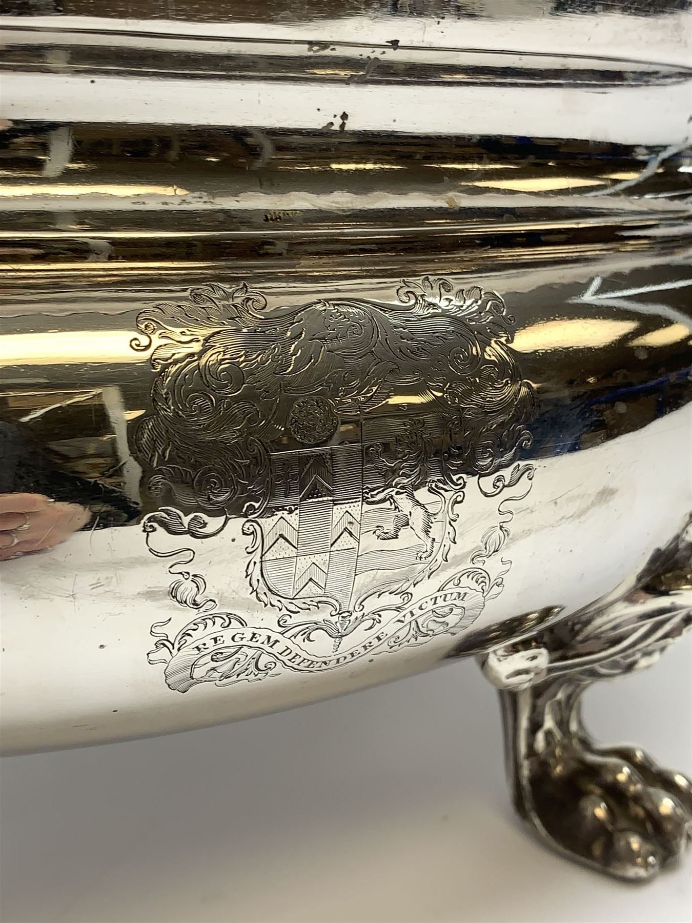Matthew Boulton silver plated tureen and cover, the body of oval form with twin handles engraved with crest, probably for Whitgreave/Whitgrave family of Moseley Staffordshire, 'Regem Defendere Victum', (To defend the king even in his defeat/To defend the conquered king ), upon four paw feet, the cover with gadrooned rim and foliate loop handle 