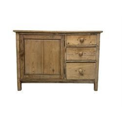 19th century pine cupboard, enclosed by panelled door and fitted with three drawers